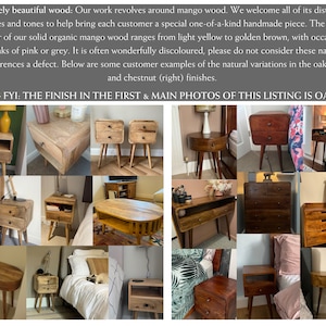 May include: A collage of nine images showcasing various wooden bedside tables with different designs and finishes. The tables feature two drawers, a single drawer, and open shelves. The wood is a natural light brown colour with variations in grain and texture. The text "FYI: THE FINISH IN THE FIRST & MAIN PHOTOS OF THIS LISTING IS OAK" is visible at the top of the collage.