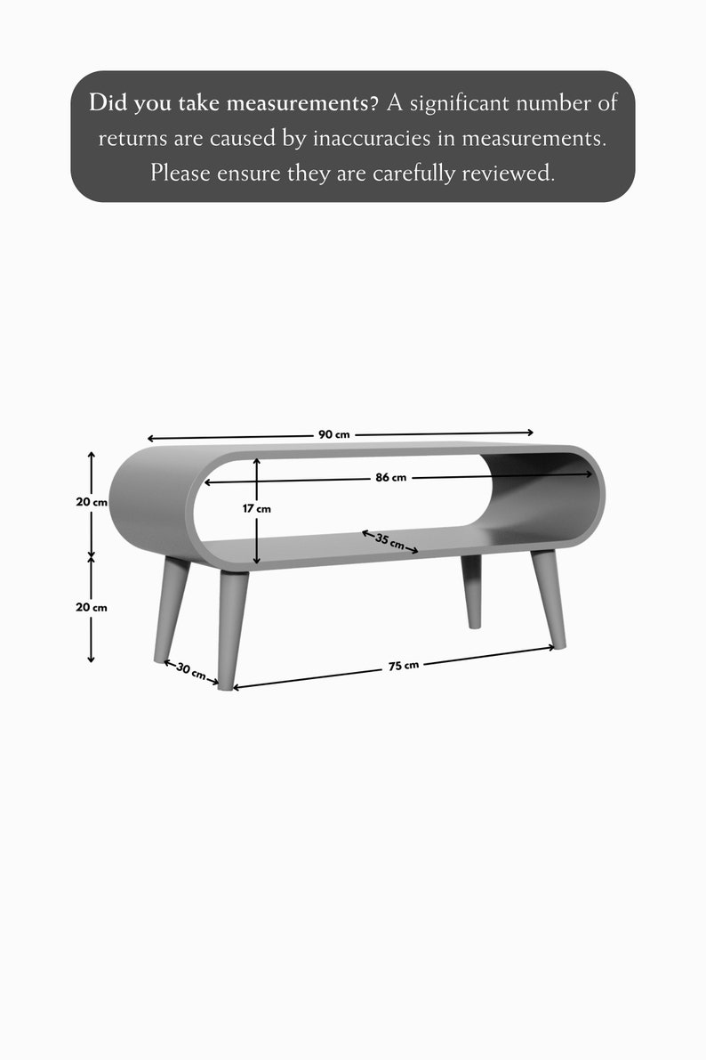 Op de afbeelding: Een grijze houten salontafel met een gebogen bovenblad en een open plank. De tafel is 75 cm breed, 30 cm diep en 20 cm hoog. De plank is 86 cm breed en 17 cm diep.