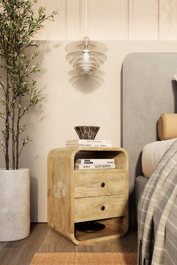 Solid Bedside Table No Legs Modern Curved Nightstand With Drawers Open Shelf Bedside Table Handmade Rectangular Side Table Lounge Etsy UK