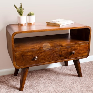 Petite table basse rectangulaire pour le salon • Table basse aux bords incurvés avec rangement • Table basse à un tiroir • Centre de table en bois