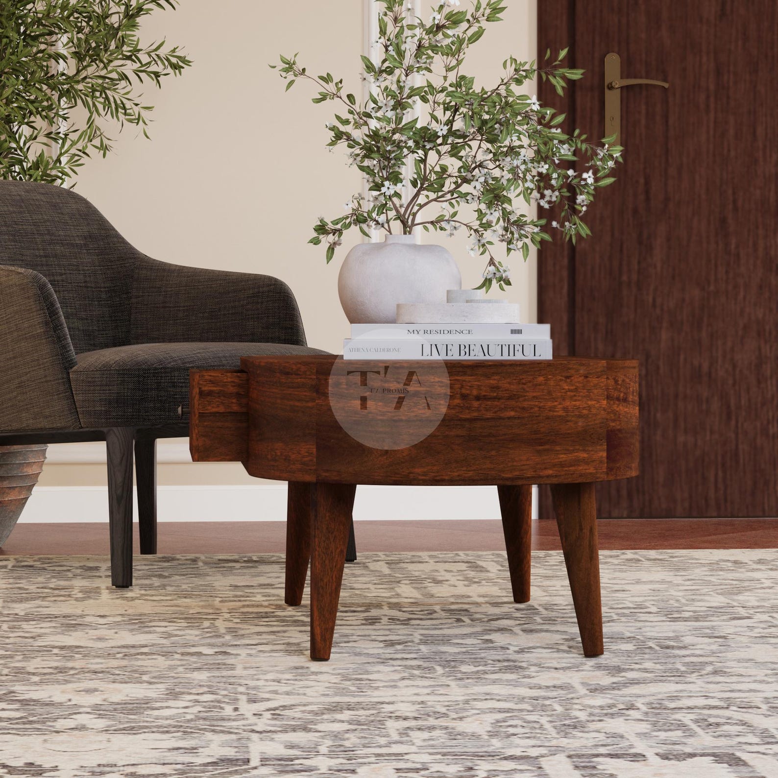 Round Coffee Table • Dark Brown Coffee Table Rounded Corner • Curved ...