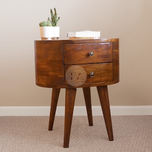 Round Bedside Table Mid Century with 2 Drawers • Oval Bedside Table Modern • Wooden Bedside Cabinet Dark Wood • Curved Nightstand Solid Wood