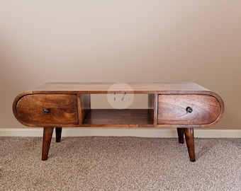 Mesa de centro ovalada rústica • Mesa de centro curva con almacenamiento • Mesa multiusos