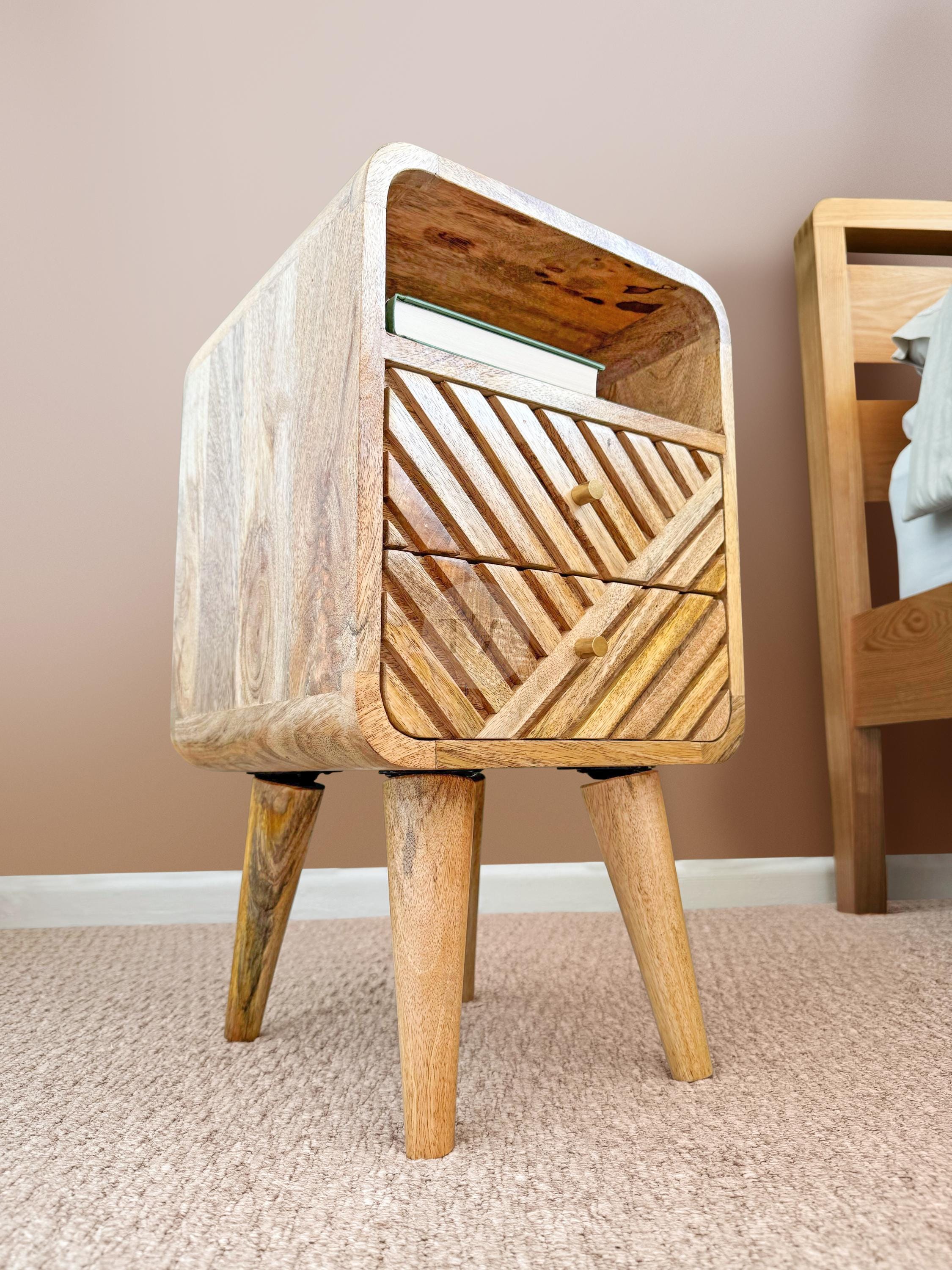 Small Bedside Table Rounded Corners • 2-drawer Natural Wood Nightstand ...