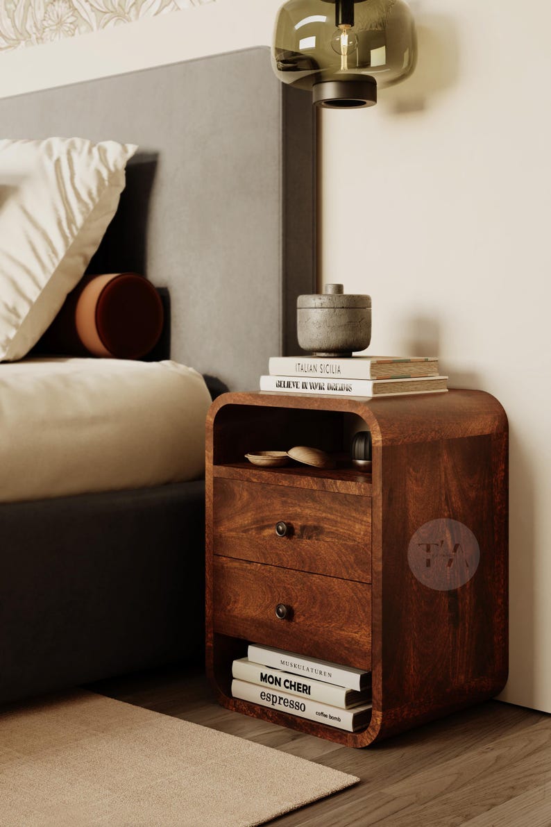 Curved Edge Bedside Table No Assembly • Nightstand With Shelves and 2 ...