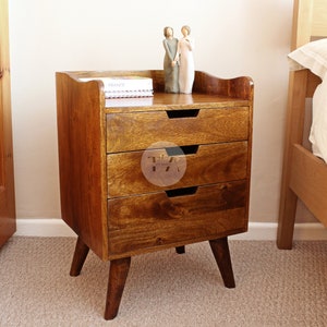 Mid Century Bedside Table 3 Drawers • Bedside Table Storage • Large Bedside Table • Bedside Table Wood • Bedside Cabinet with Book Storage