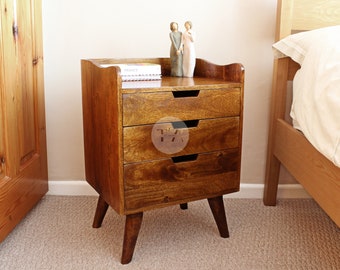 Mid Century Bedside Table 3 Drawers • Bedside Table Storage • Large Bedside Table • Bedside Table Wood • Bedside Cabinet with Book Storage