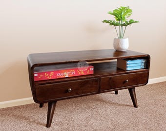 Dark Walnut Solid Wood Coffee Table Curved Mid Century Modern Style