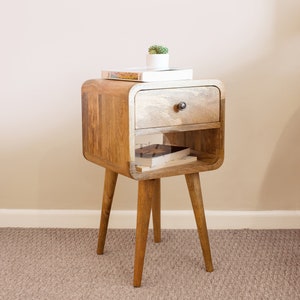 Bedroom Nightstand Small Space Room with Open Shelf • Narrow Bed Side Table with Drawer • Mango Wood Bedside Table Thin • Wooden Side Table