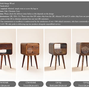 May include: Four wooden bedside tables with different drawer configurations. The tables are available in chestnut and grey finishes. The tables have a curved top and rounded edges. The tables have three legs.