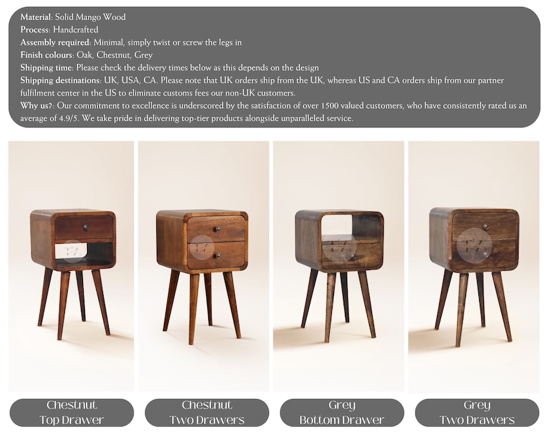 May include: Four wooden bedside tables with different drawer configurations. The tables are available in chestnut and grey finishes. The tables have a curved top and rounded edges. The tables have three legs.