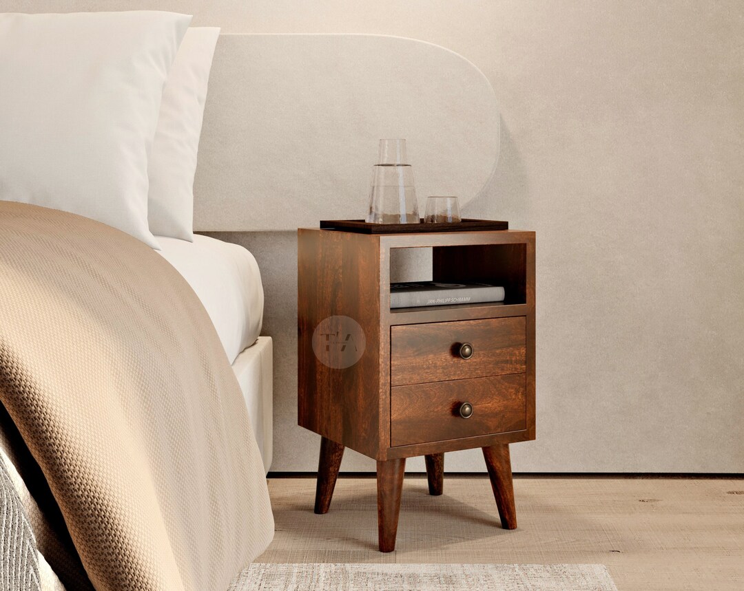 Rustic Bedside Table for Small Space Slim Nightstand With Drawers Low Wooden Bedside Table Max
