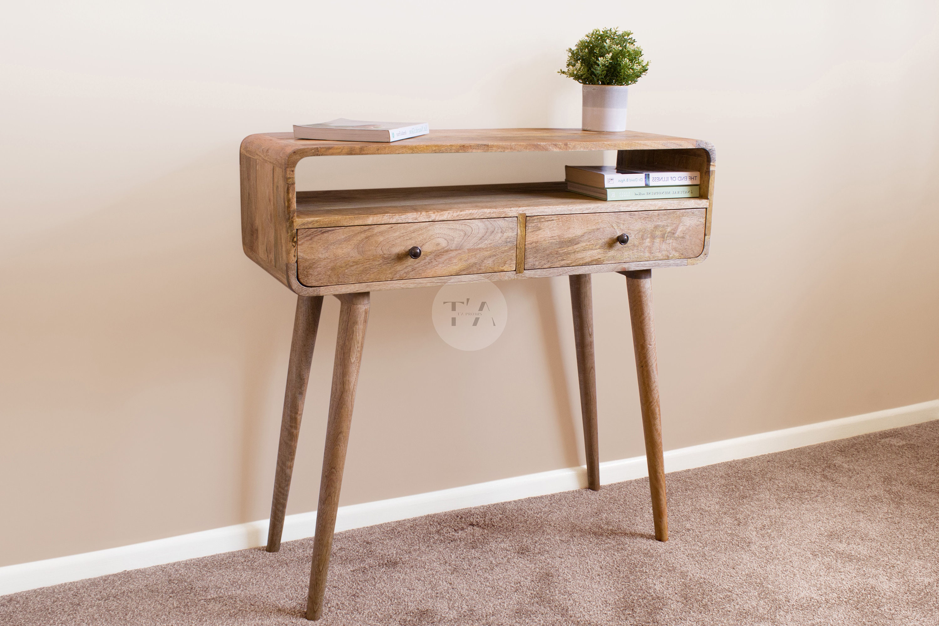 Table console avec étagère * Table console en manguier finition chêne * Table console d'entrée * Table console unique * Table console de salon