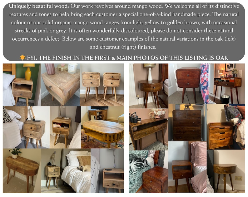 May include: A collage of nine images showcasing various wooden bedside tables with different designs and finishes. The tables feature drawers, shelves, and curved edges. The text "FYI: THE FINISH IN THE FIRST & MAIN PHOTOS OF THIS LISTING IS OAK" is visible at the top of the collage.