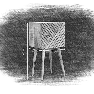 May include: A wooden bedside table with a geometric pattern on the front. The table has four legs and measures 30 cm wide, 31 cm deep, and 62 cm tall.