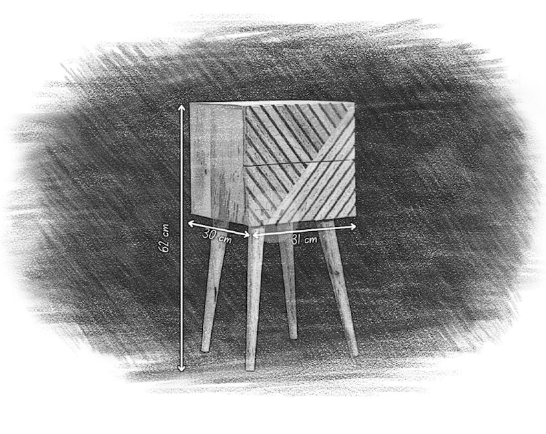 May include: A wooden bedside table with a geometric pattern on the front. The table has four legs and measures 30 cm wide, 31 cm deep, and 62 cm tall.