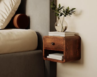Super Small Modern Wooden Floating Bedside Table, Solid Mango Wood - US