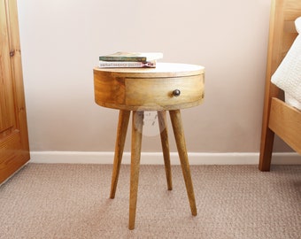 Round Side Table Wood with Drawer • Wooden Side Table Bedroom • Round End Table for Living Room • Round Nightstand • Side Table Oak-style