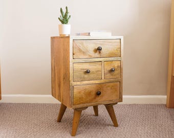 Small multi-drawer bedside table organizer, narrow nightstand wood, NEWEST STYLE