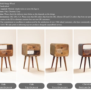 May include: Four wooden bedside tables with a single drawer, two drawers, and a shelf. The tables are made of mango wood and have a natural finish. The tables are available in oak and chestnut.