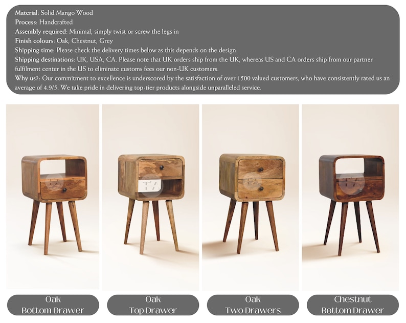 May include: Four wooden bedside tables with a single drawer, two drawers, and a shelf. The tables are made of mango wood and have a natural finish. The tables are available in oak and chestnut.