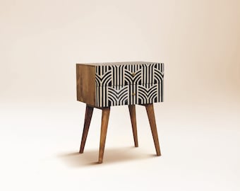 Patterned Bedside Table Bone Inlay • Black Bedside Table 2 Drawers • Handmade Side Table Quirky • Black and White Nightstand Funky Bedside