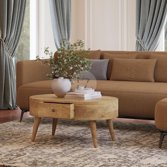 Oval Solid Wood Coffee Table with Storage • Low Height Coffee Table with Drawers • Wooden Furniture Center Table • Modern Living Room Tables