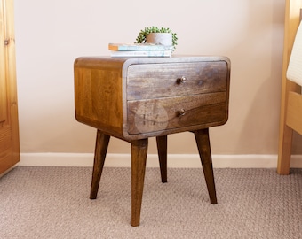 Rustic Japandi Solid Wood Nightstand: Modern Country Bedside Table with 2 Drawers