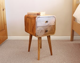 Narrow Wooden Bedside Table with Drawers • Slim Curved Bedside Table • Boho Bedside Table Light Wood • Small Bedside Cabinet in Oak Style