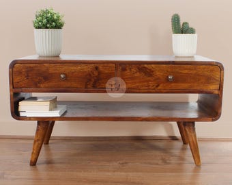 Rustic Curved Edge Tv Stand • Modern Low Profile Tv Stand with Bookshelves • Living Room Tv Cabinet with Drawers • Wide Tv Unit Dark Wood