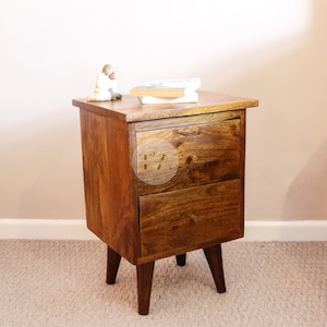 Small Wooden Bedside Table with 2 Drawers • Contemporary Bedside Table • 35cm Wide Bedside Table Scandi • Wooden Nightstand with Gold Handle