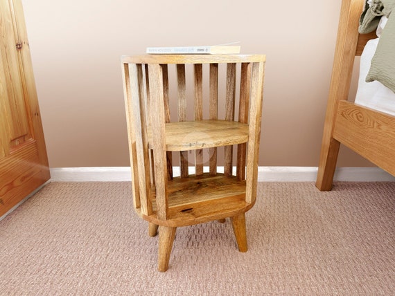 Narrow Bedside Table No Drawers • Wooden Slat Bedside Table Slim • Wood Slat Nightstand Organiser • Small Farmhouse Bedside Table Circular