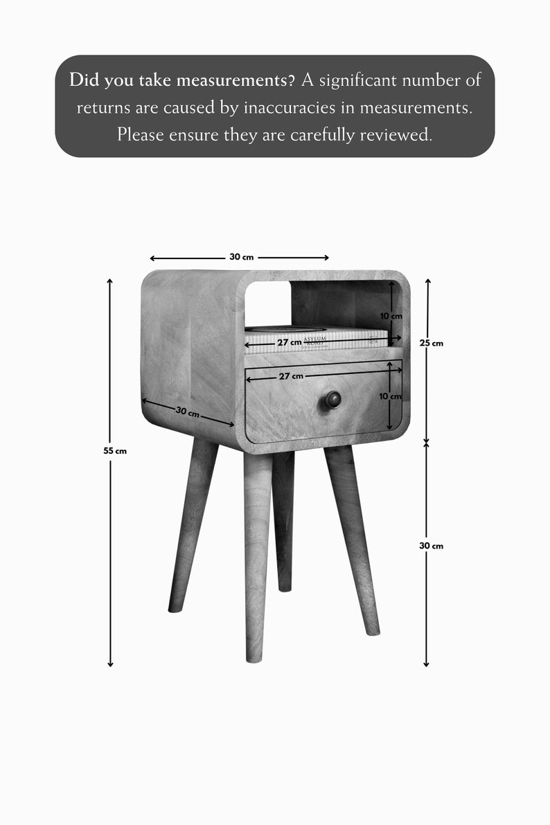 May include: A light wood bedside table with a drawer and a shelf. The table is 25 inches tall, 30 inches wide, and 10 inches deep. The drawer is 27 inches wide and 10 inches deep. The shelf is 27 inches wide and 10 inches deep.