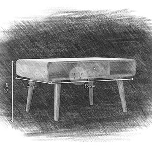 May include: A wooden side table with a rounded top and four legs. The table is 55 cm wide, 85 cm long, and 45 cm high.