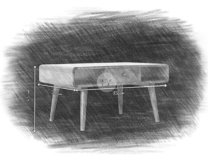 May include: A wooden side table with a rounded top and four legs. The table is 55 cm wide, 85 cm long, and 45 cm high.