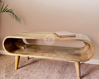 Danish Modern Coffee Table with Shelf • Light Wood Oval Coffee Table Narrow • Wooden Curved Coffee Table Low • Mango Coffee Table Scandi