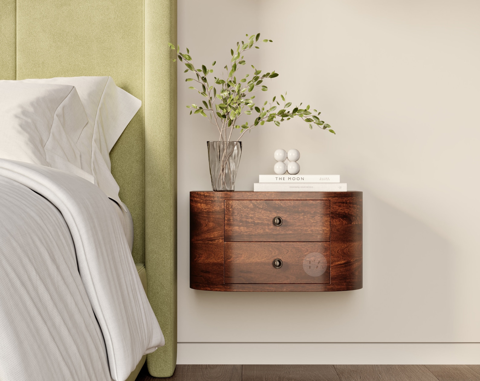 2 Drawer Floating Bedside Table Curved Edges • Wall Mounted Nightstand ...