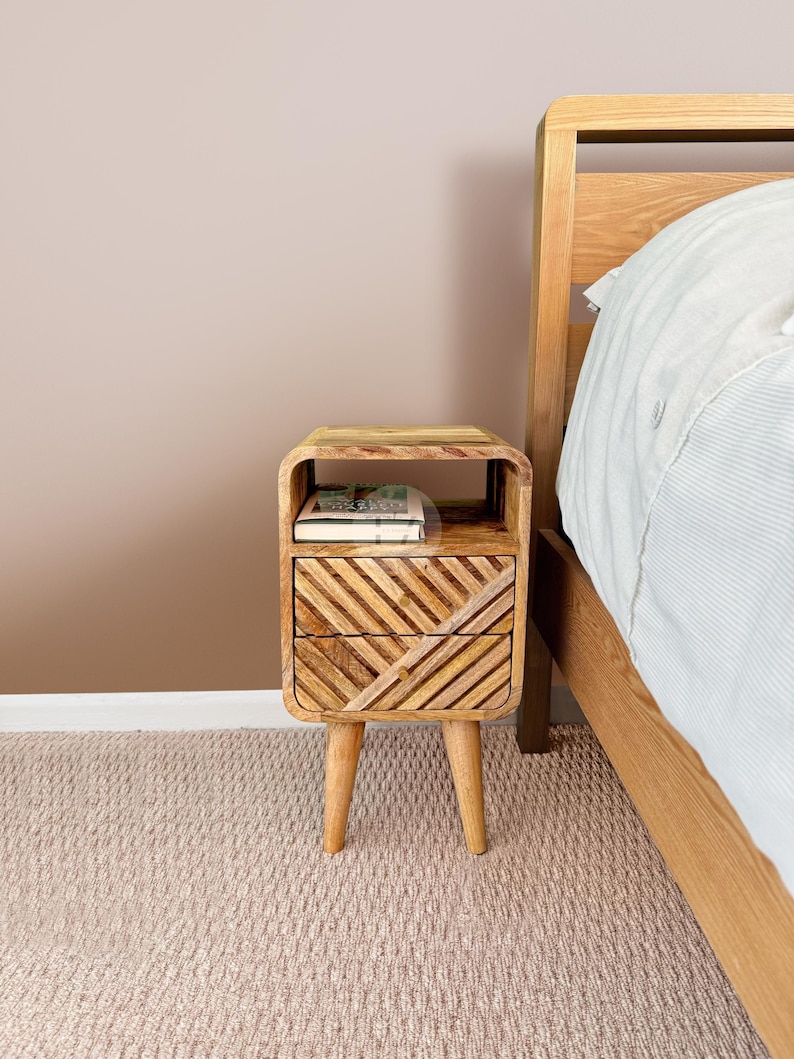 Small Bedside Table Rounded Corners • 2-drawer Natural Wood Nightstand ...