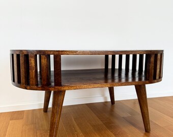 Round brown coffee table small, wood slat living room table, mid-century design