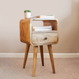 Small Curved Bedside Table with Open Shelf • Minimalist Bedside Table with Drawer • Mango Wood Bedside Table • Slim Wooden Nightstand Table