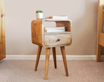 Small Curved Bedside Table with Open Shelf • Minimalist Bedside Table with Drawer • Mango Wood Bedside Table • Slim Wooden Nightstand