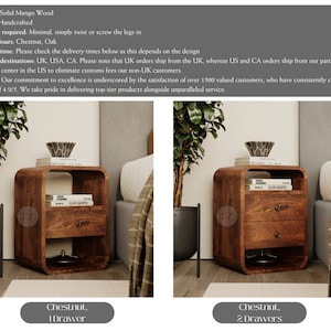 Pu&ograve; includere: Due comodini in legno con bordi curvi e un cassetto o due cassetti. I comodini sono realizzati in legno di mango massiccio e hanno una finitura castano. Il testo "Chestnut, 1 Drawer" e "Chestnut, 2 Drawers" &egrave; visualizzato sotto ogni comodino.