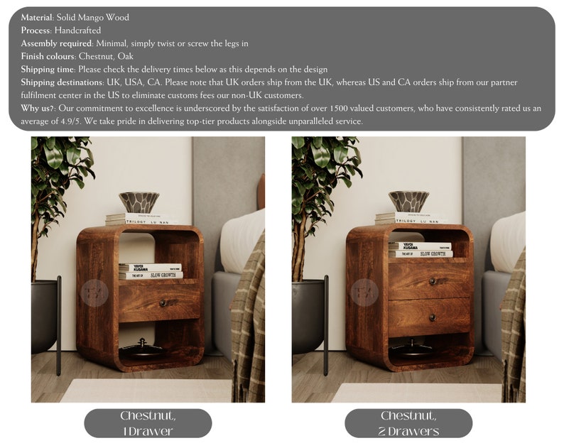 Pu&ograve; includere: Due comodini in legno con bordi curvi e un cassetto o due cassetti. I comodini sono realizzati in legno di mango massiccio e hanno una finitura castano. Il testo "Chestnut, 1 Drawer" e "Chestnut, 2 Drawers" &egrave; visualizzato sotto ogni comodino.