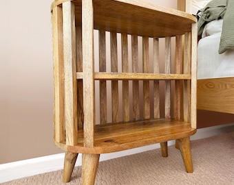 Slat wood cabinet, modern bedroom storage cabinet, open dresser shelves