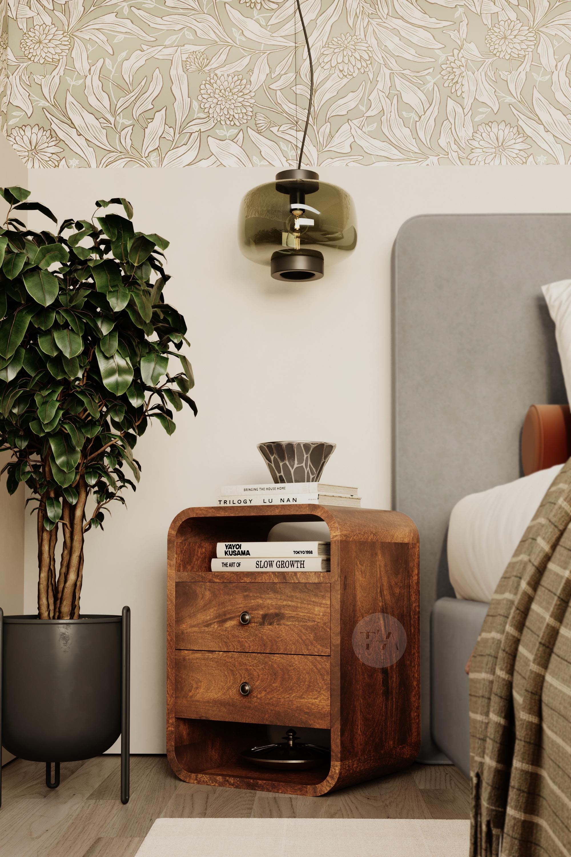 Curved Edge Bedside Table No Assembly • Nightstand With Shelves and 2 ...