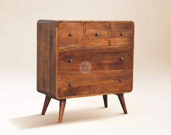 Corner Chest Drawers Dark Wood • Bedroom Chest of Drawers Narrow Cabinet with Pull Out Drawers • 5 Drawer Dresser Rustic Drawers with Chest