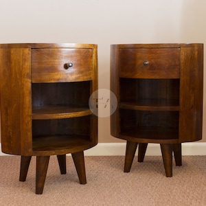 Pair Mid Century Bedside Tables Curved • Oval Bedside Tables Pair Wooden • Round Nightstand Set of 2 • Pair of Circle Bedside Tables Set