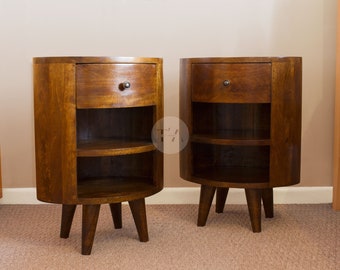 Pair Mid Century Bedside Tables Curved • Oval Bedside Tables Pair Wooden • Round Nightstand Set of 2 • Pair of Circle Bedside Tables Set