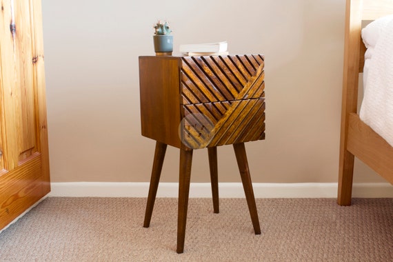 Solid Wood Bedside Table High Scandi Bedside Table Aesthetic Boho Bedside Table Narrow Wooden Unique Bedside Table Mid Century Modern Etsy