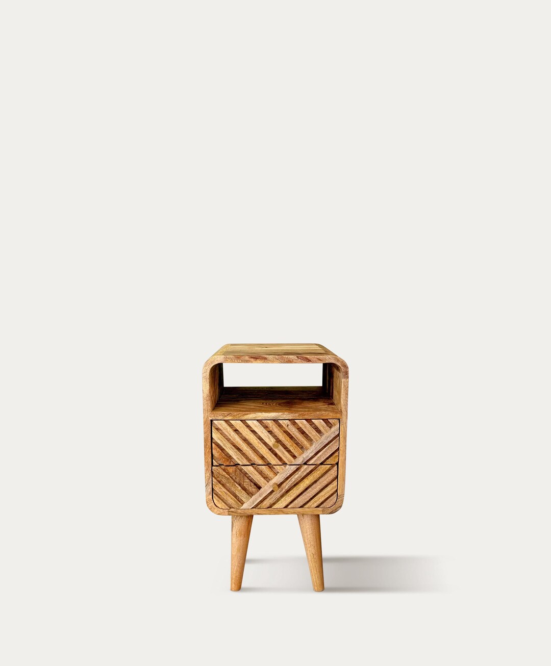 Carved Natural Wood Nightstand • Small Bedside Table With Rounded ...